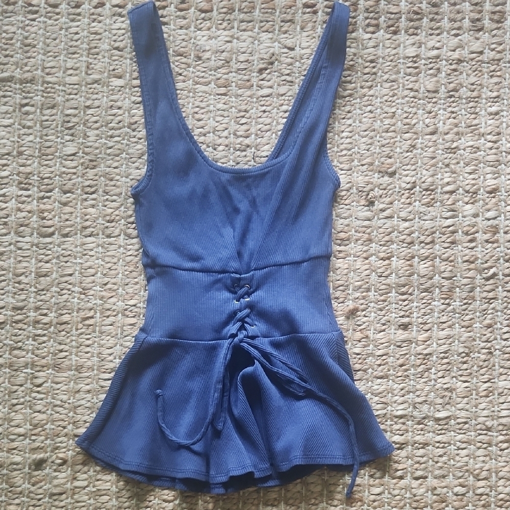 Y2K Express Blue Peplum Corset Lace Up Ribbed CAMI XS NWOT